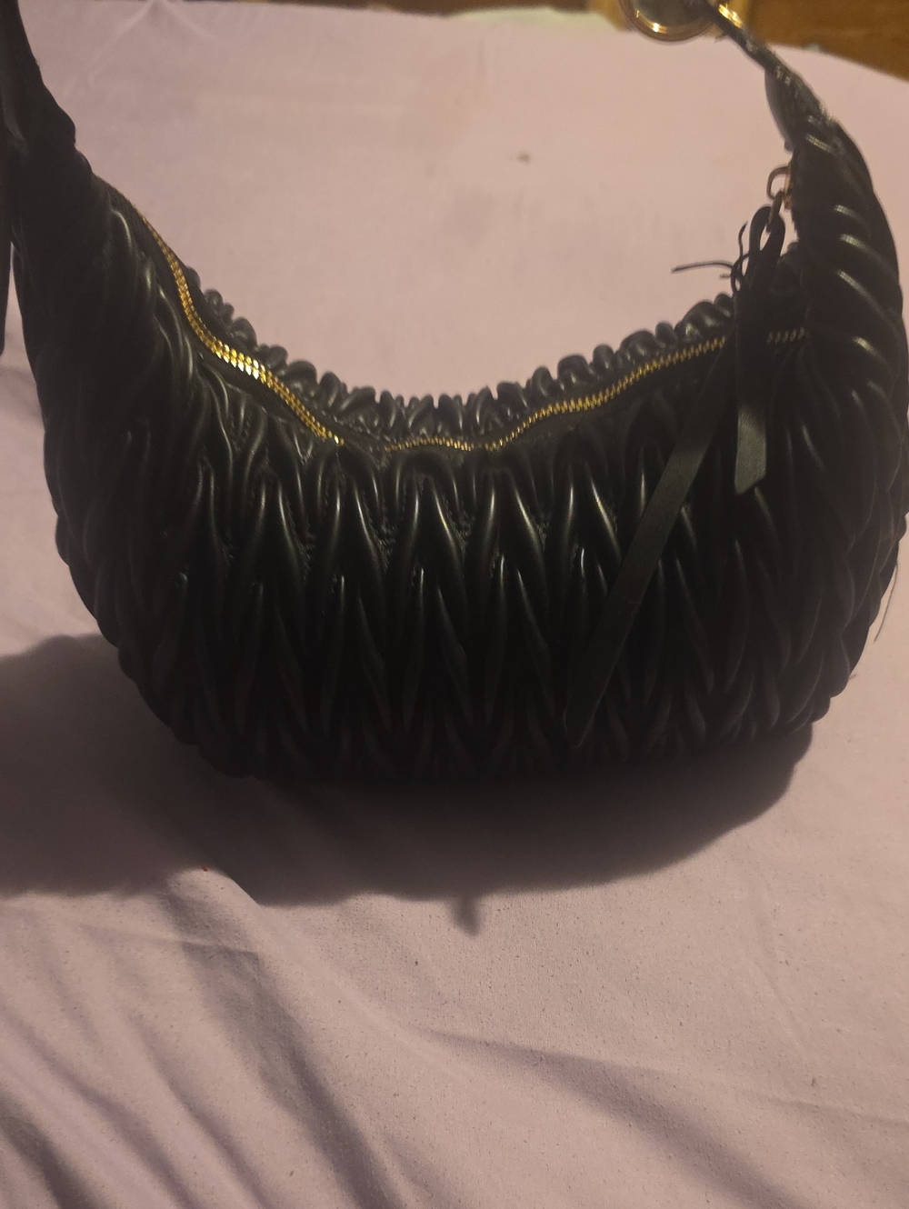 Woven Detail Puffy Black Leather Shoulder Bag, Gold Zip Accent, Calin Collection